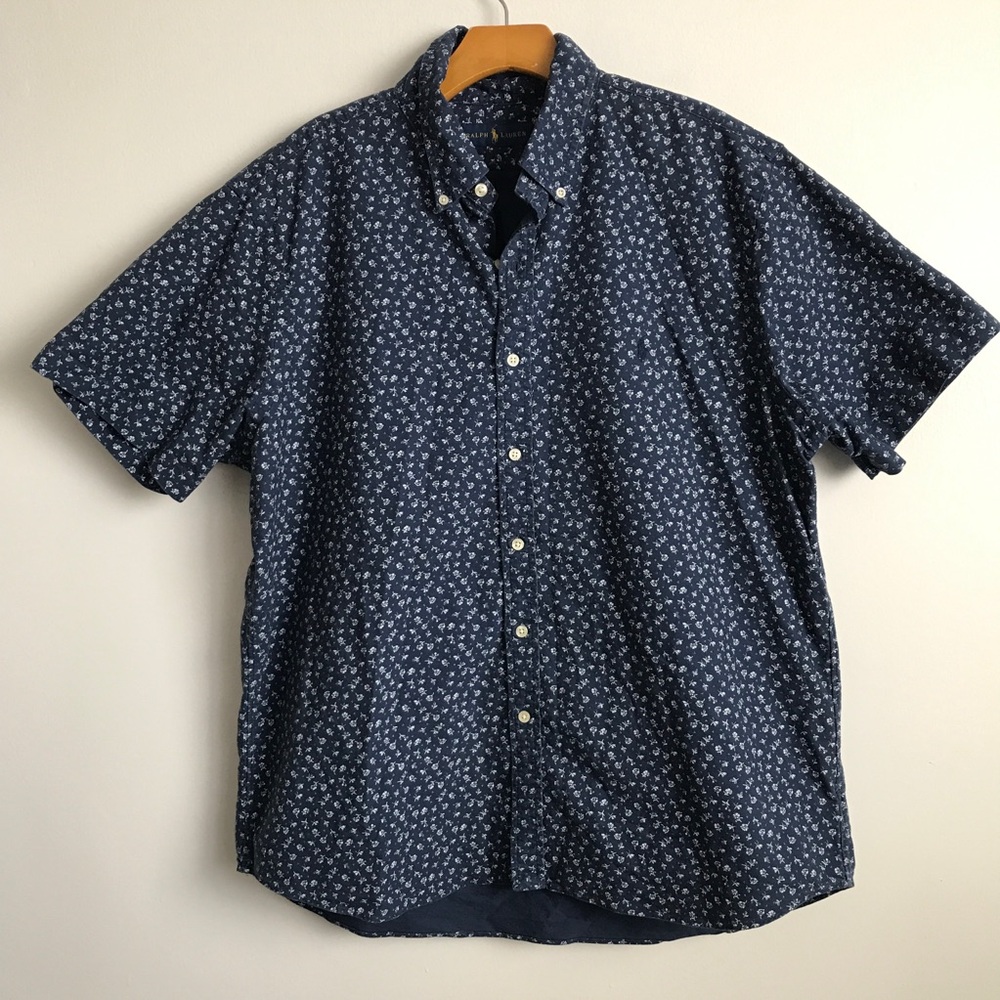 RALPH LAUREN BLUE CAMP SHIRT BLUE SHORT SLEEVE FLORAL BUTTON MENS 2XL